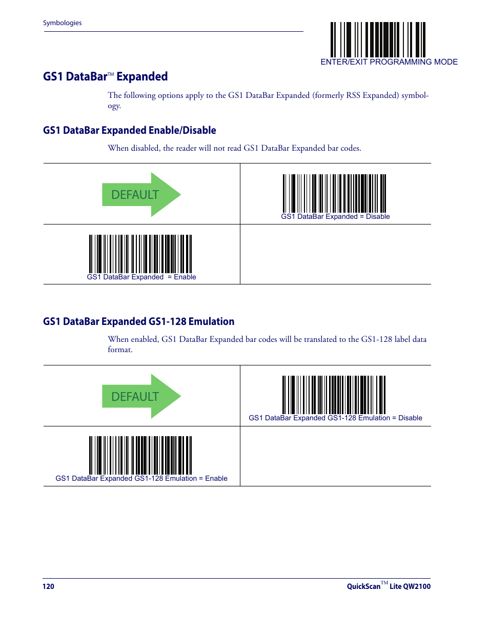 Gs1 databar, Gs1 databartm expanded, Default | Expanded, Gs1 databar expanded enable/disable | Datalogic QuickScan Lite QW2100 User Manual | Page 130 / 324