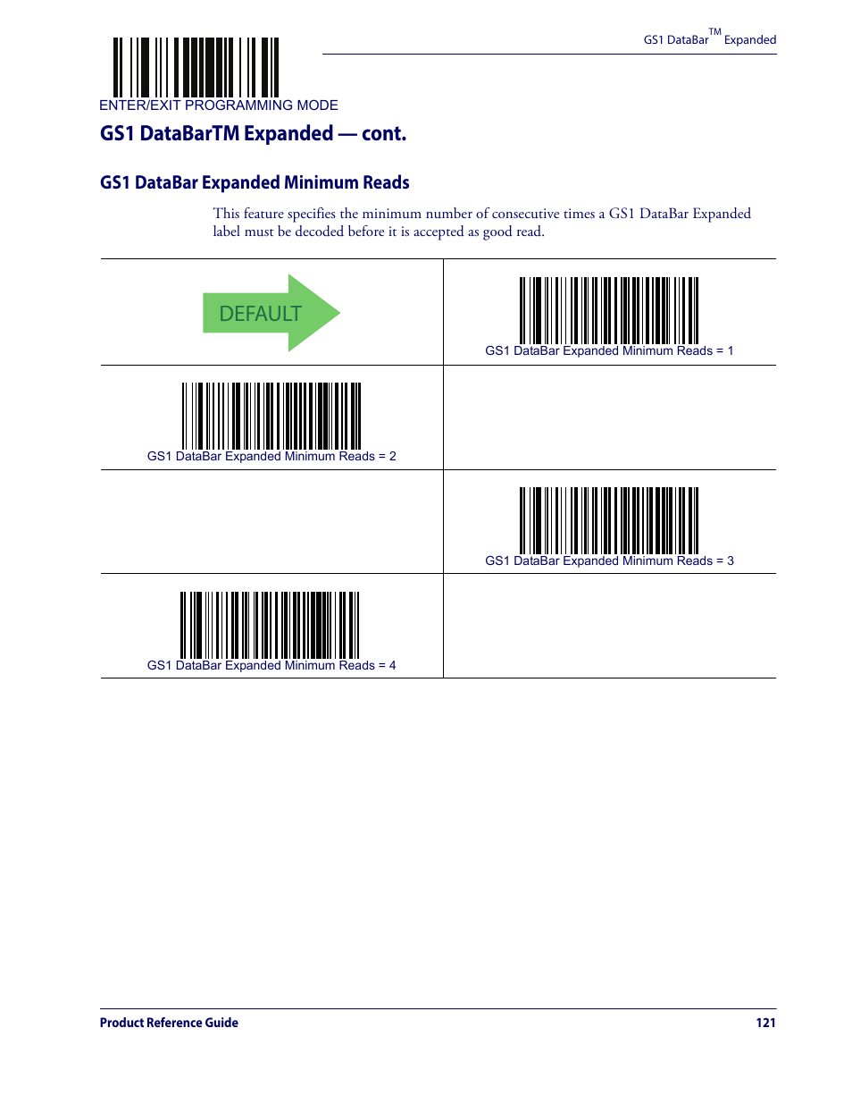 Gs1 databar expanded minimum reads, Default, Gs1 databartm expanded — cont | Datalogic QuickScan Lite QW2100 User Manual | Page 131 / 324