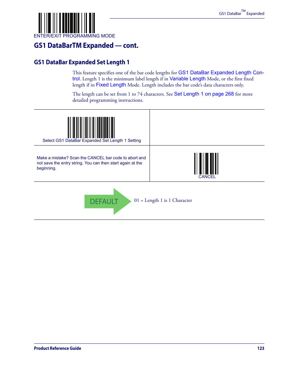 Gs1 databar expanded set length 1, Default, Gs1 databartm expanded — cont | Datalogic QuickScan Lite QW2100 User Manual | Page 133 / 324