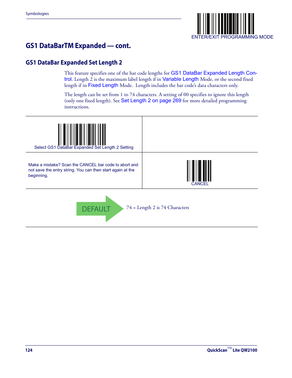 Gs1 databar expanded set length 2, Default, Gs1 databartm expanded — cont | Datalogic QuickScan Lite QW2100 User Manual | Page 134 / 324