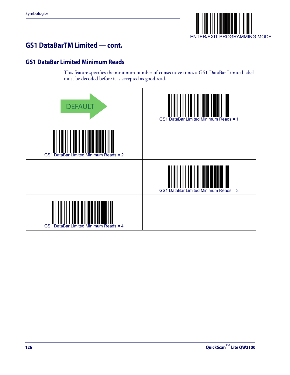 Gs1 databar limited minimum reads, Default, Gs1 databartm limited — cont | Datalogic QuickScan Lite QW2100 User Manual | Page 136 / 324