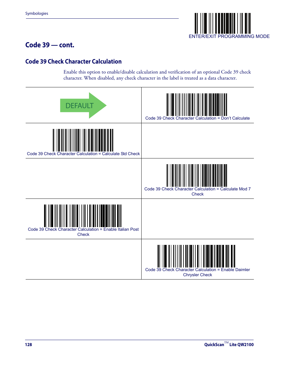 Code 39 check character calculation, Default, Code 39 — cont | Datalogic QuickScan Lite QW2100 User Manual | Page 138 / 324