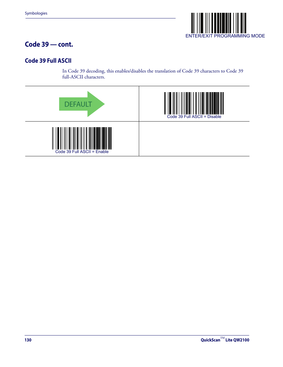 Code 39 full ascii, Default, Code 39 — cont | Datalogic QuickScan Lite QW2100 User Manual | Page 140 / 324