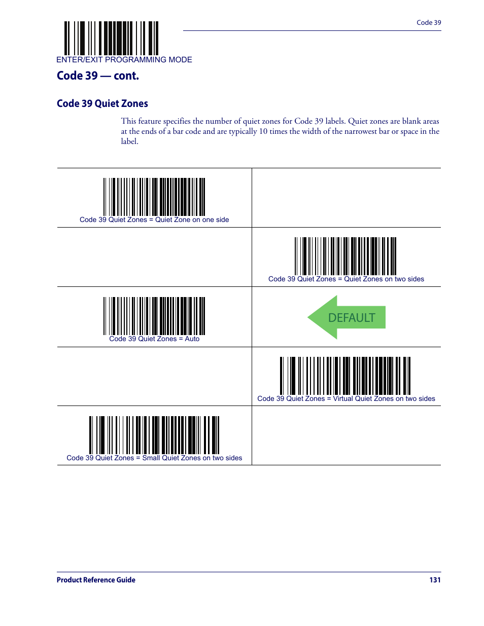 Code 39 quiet zones, Default, Code 39 — cont | Datalogic QuickScan Lite QW2100 User Manual | Page 141 / 324