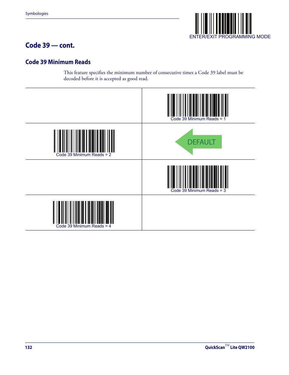 Code 39 minimum reads, Default, Code 39 — cont | Datalogic QuickScan Lite QW2100 User Manual | Page 142 / 324