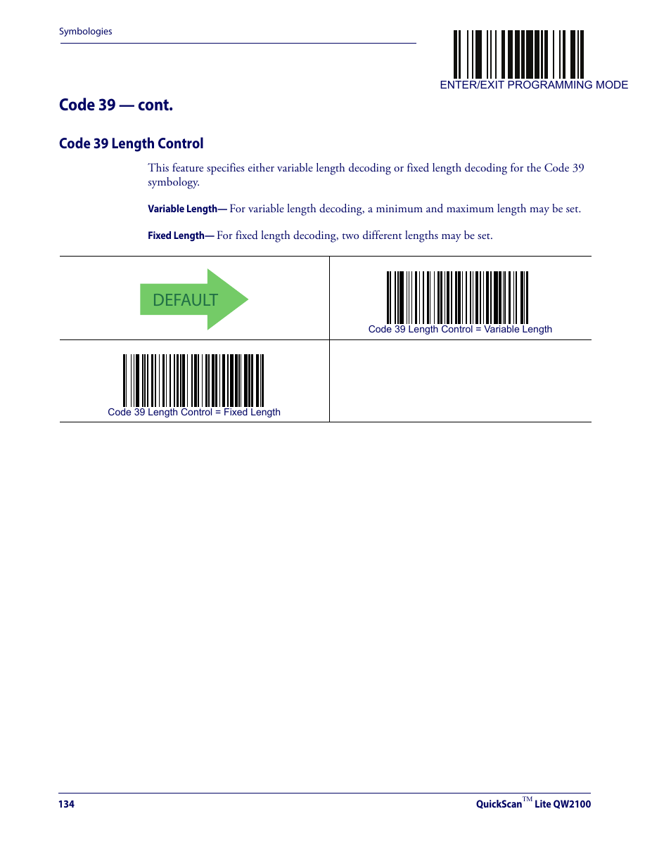 Code 39 length control, Default, Code 39 — cont | Datalogic QuickScan Lite QW2100 User Manual | Page 144 / 324