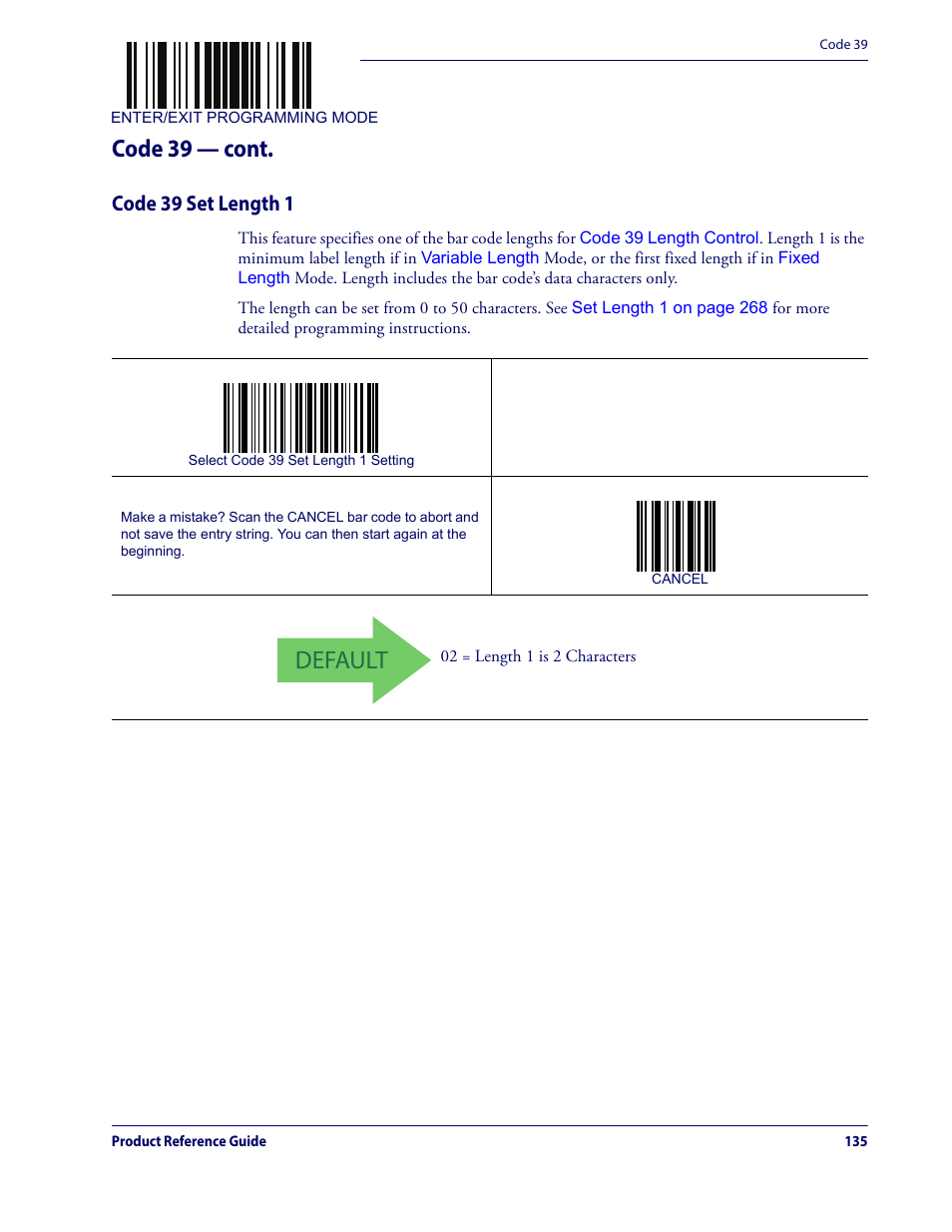 Code 39 set length 1, Default, Code 39 — cont | Datalogic QuickScan Lite QW2100 User Manual | Page 145 / 324