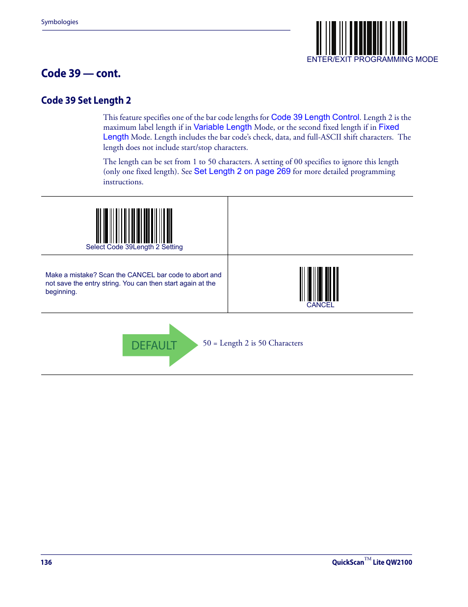 Code 39 set length 2, Default, Code 39 — cont | Datalogic QuickScan Lite QW2100 User Manual | Page 146 / 324