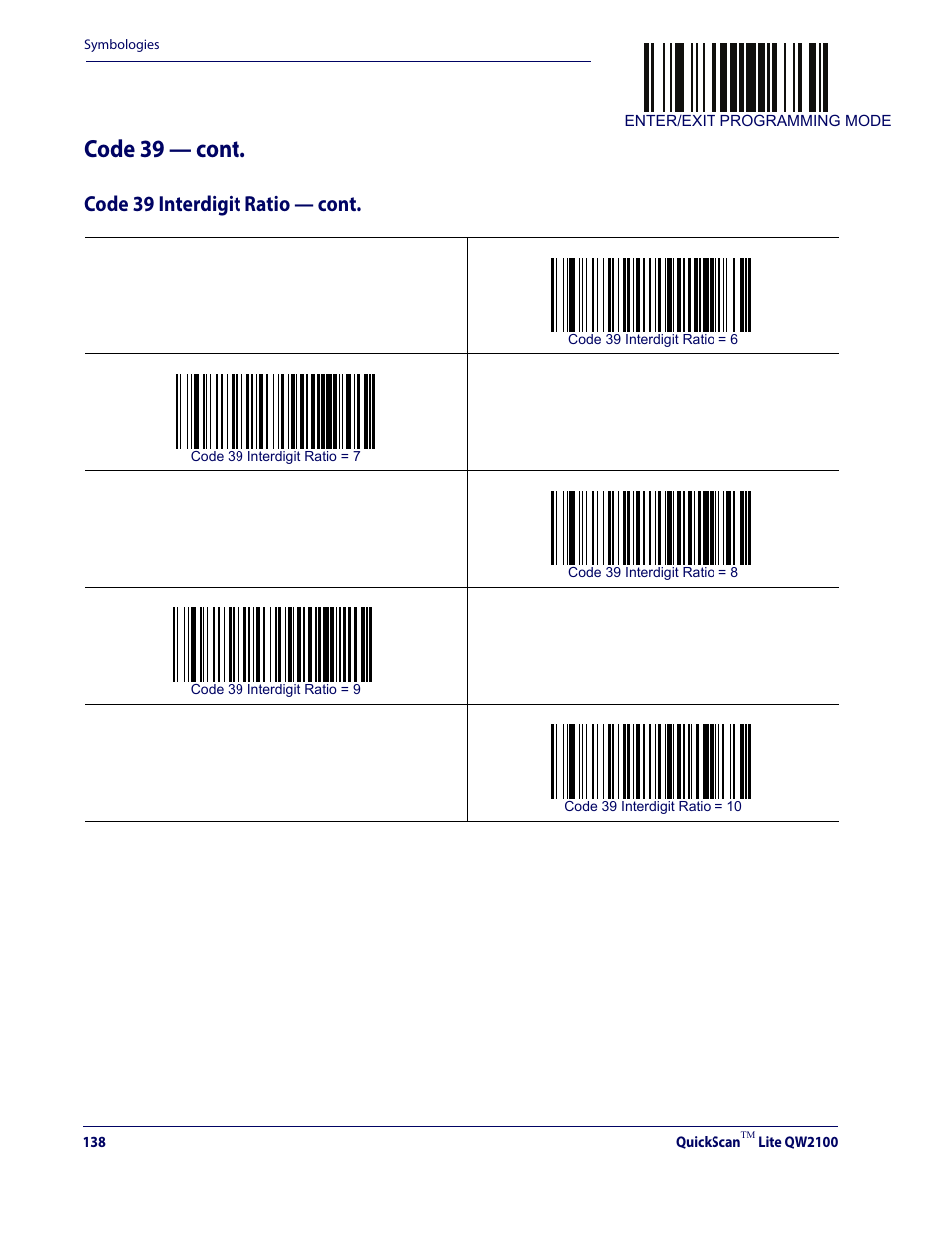 Code 39 — cont, Code 39 interdigit ratio — cont | Datalogic QuickScan Lite QW2100 User Manual | Page 148 / 324