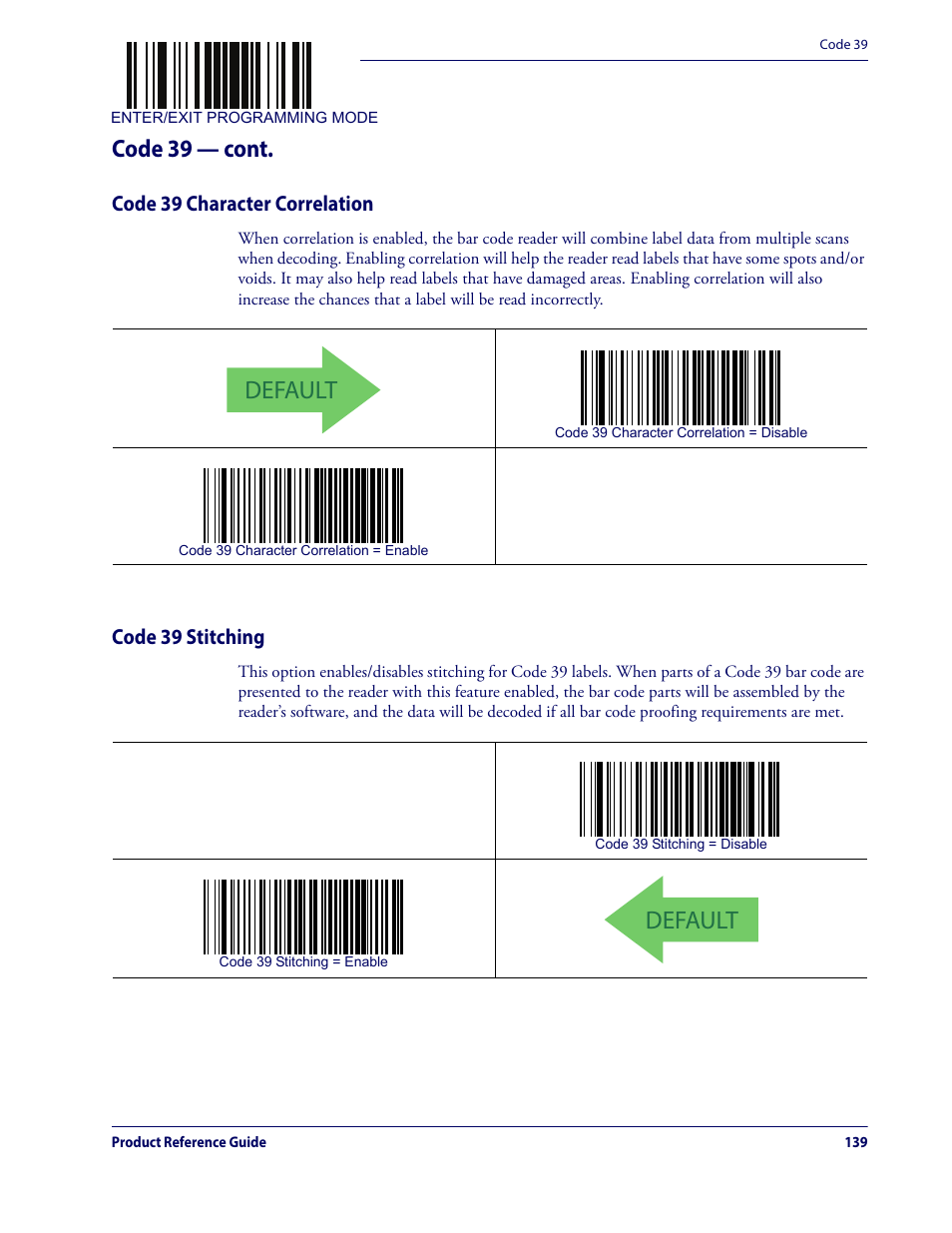 Code 39 character correlation code 39 stitching, Default, Code 39 — cont | Code 39 character correlation, Code 39 stitching | Datalogic QuickScan Lite QW2100 User Manual | Page 149 / 324