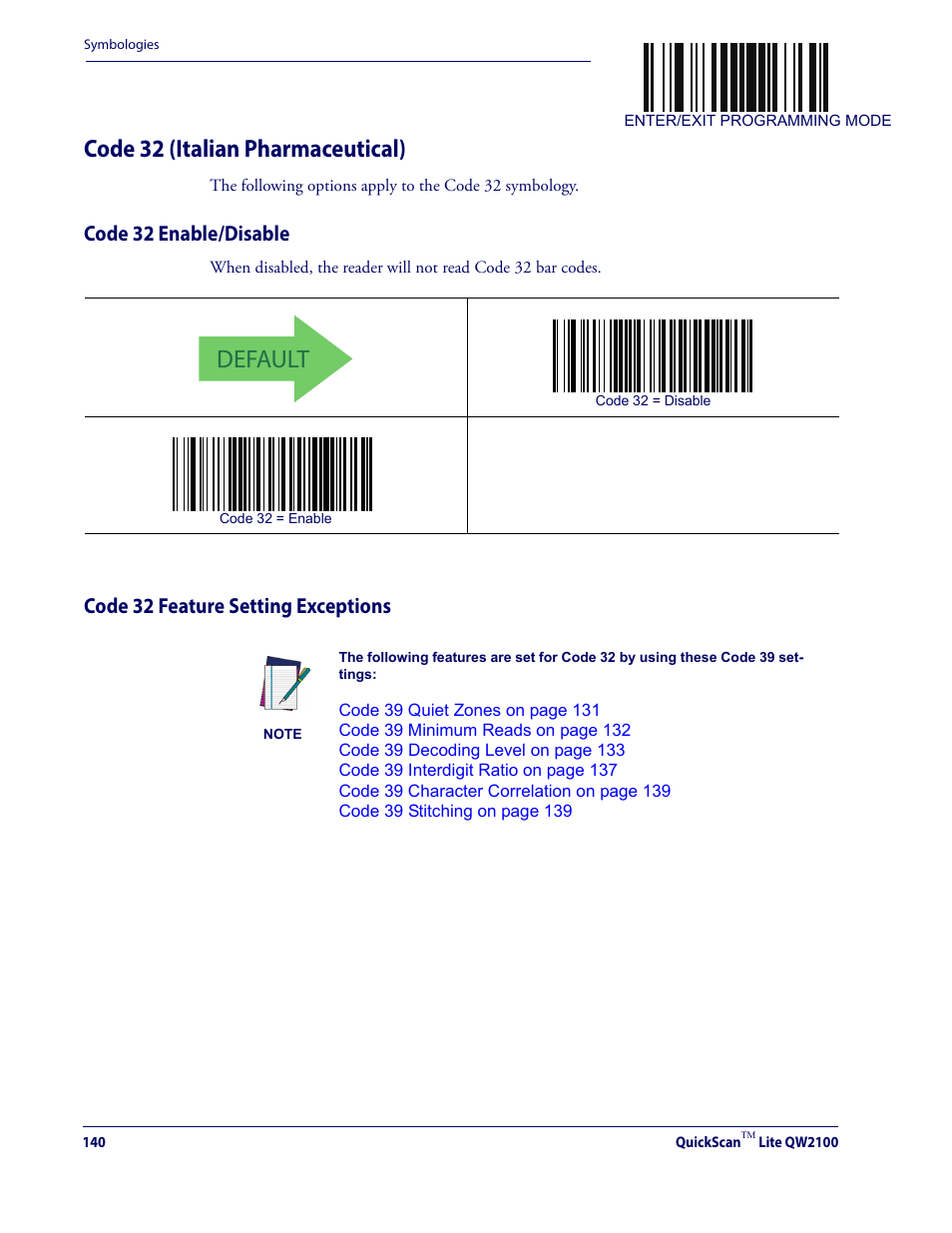 Code 32 (italian pharmaceutical), Default, Code 32 enable/disable | Code 32 feature setting exceptions | Datalogic QuickScan Lite QW2100 User Manual | Page 150 / 324