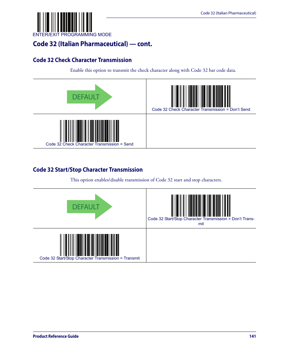 Default, Code 32 (italian pharmaceutical) — cont, Code 32 check character transmission | Code 32 start/stop character transmission | Datalogic QuickScan Lite QW2100 User Manual | Page 151 / 324