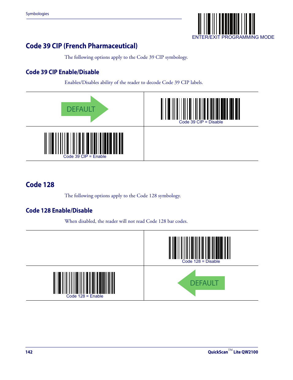 Code 39 cip (french pharmaceutical), Code 39 cip enable/disable, Code 128 | Code 128 enable/disable, Default | Datalogic QuickScan Lite QW2100 User Manual | Page 152 / 324