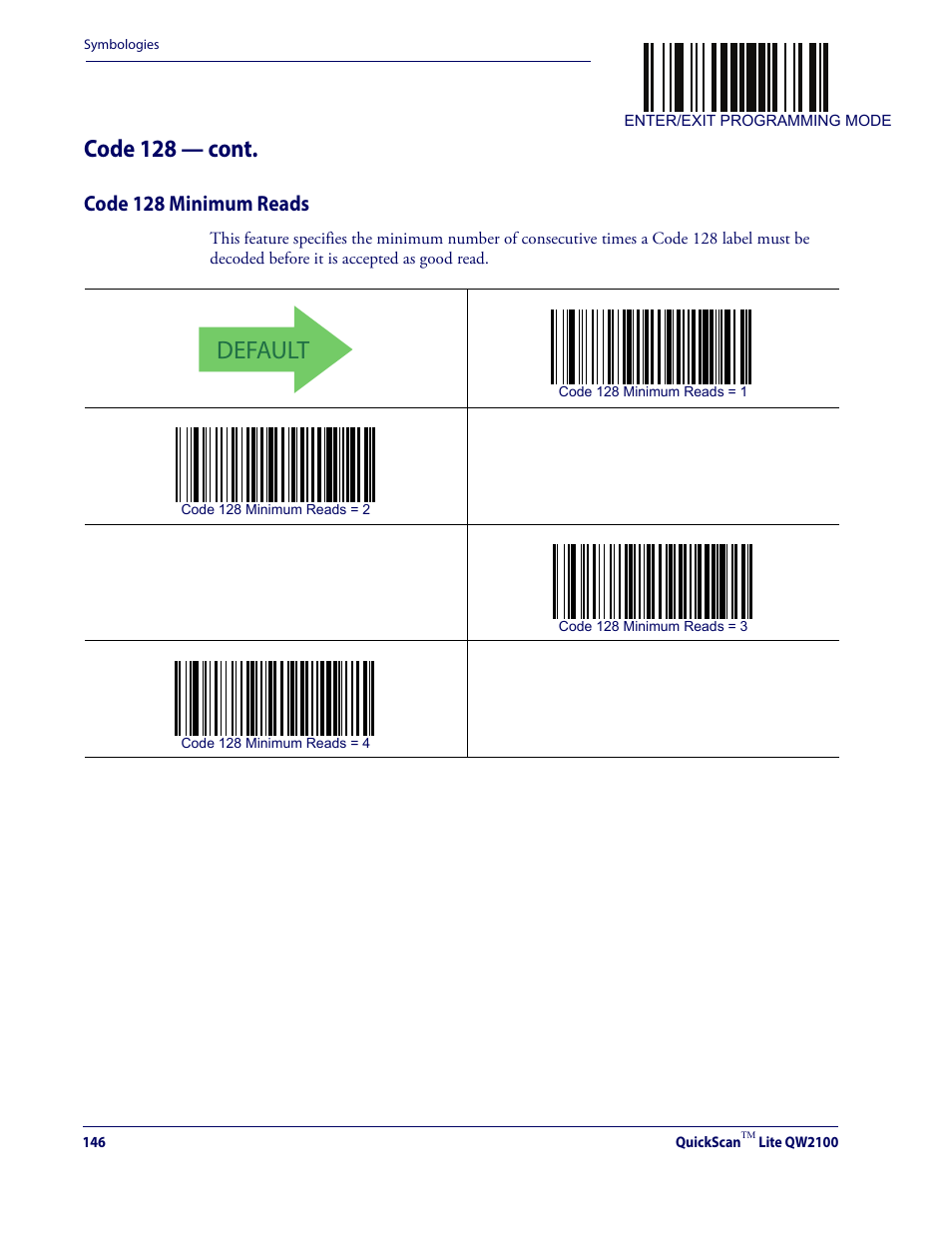 Code 128 minimum reads, Default, Code 128 — cont | Datalogic QuickScan Lite QW2100 User Manual | Page 156 / 324