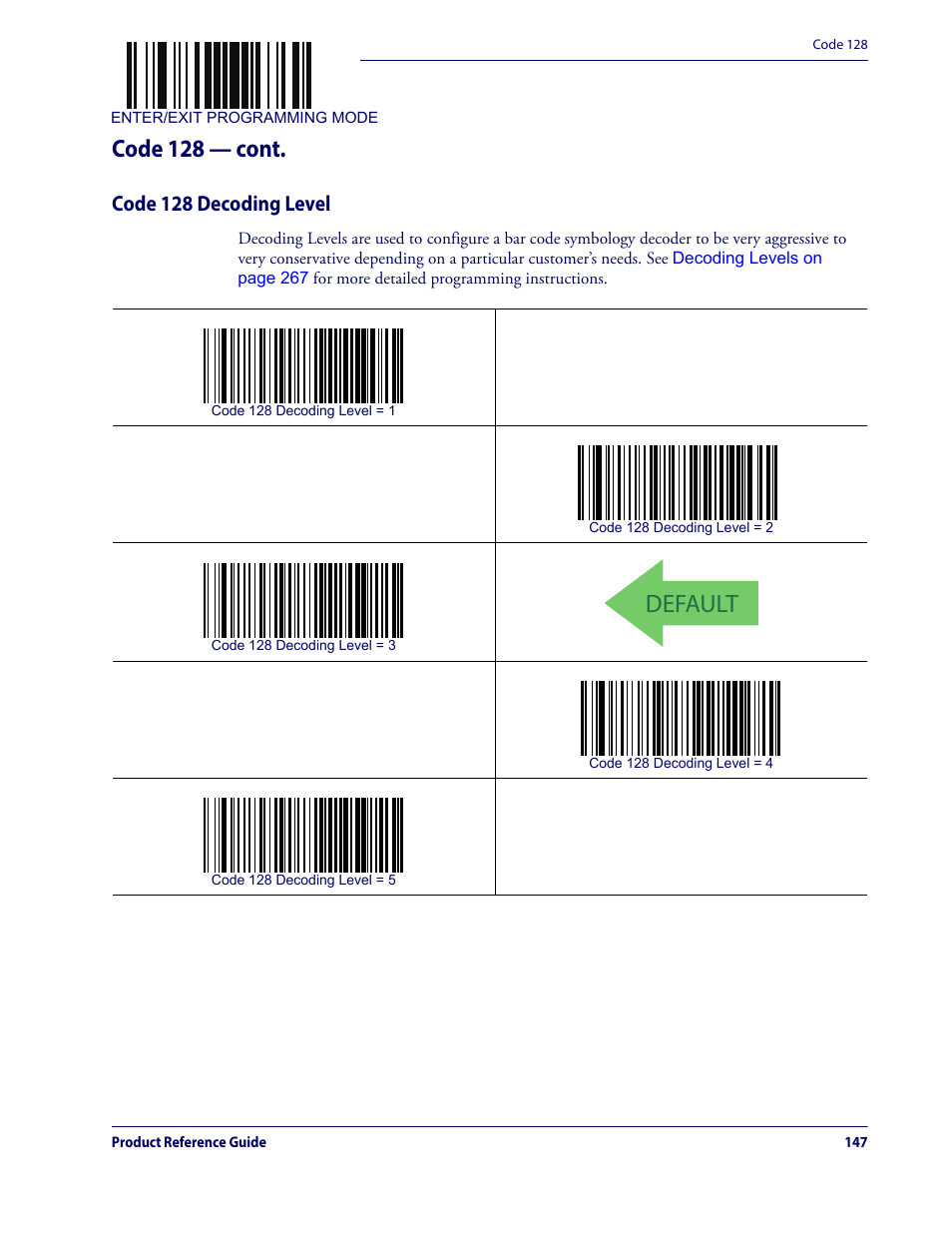 Code 128 decoding level, Default, Code 128 — cont | Datalogic QuickScan Lite QW2100 User Manual | Page 157 / 324