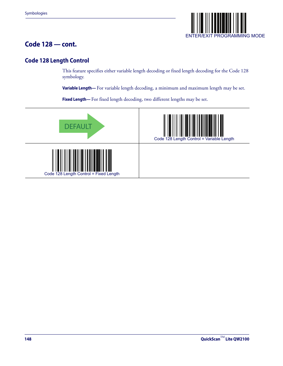 Code 128 length control, Default, Code 128 — cont | Datalogic QuickScan Lite QW2100 User Manual | Page 158 / 324