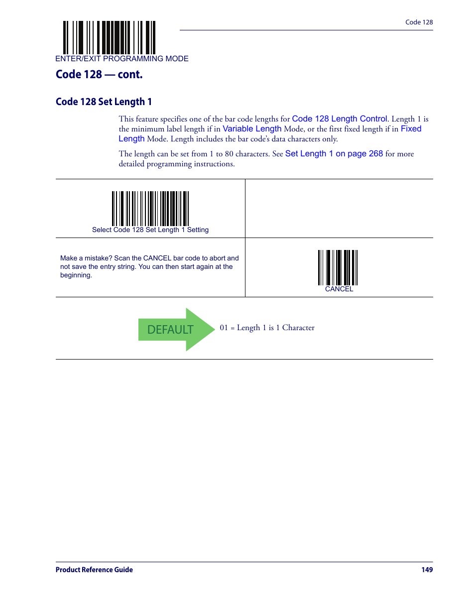 Code 128 set length 1, Default, Code 128 — cont | Datalogic QuickScan Lite QW2100 User Manual | Page 159 / 324