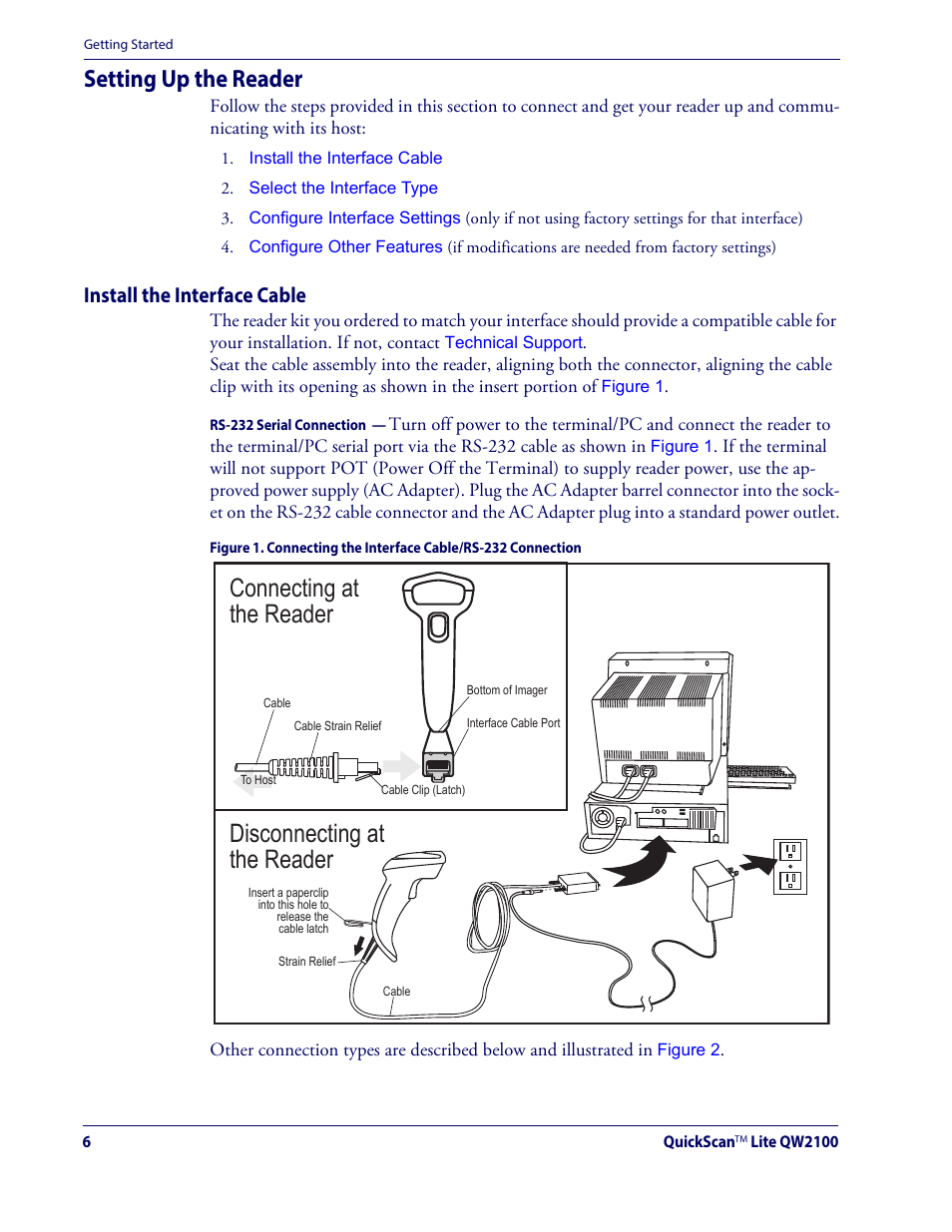 Setting up the reader, Install the interface cable | Datalogic QuickScan Lite QW2100 User Manual | Page 16 / 324