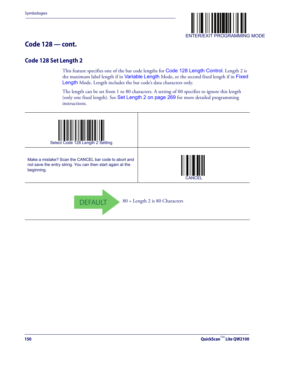 Code 128 set length 2, Default, Code 128 — cont | Datalogic QuickScan Lite QW2100 User Manual | Page 160 / 324