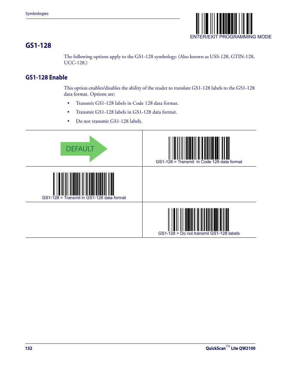 Gs1-128, Gs1-128 enable, Default | Datalogic QuickScan Lite QW2100 User Manual | Page 162 / 324