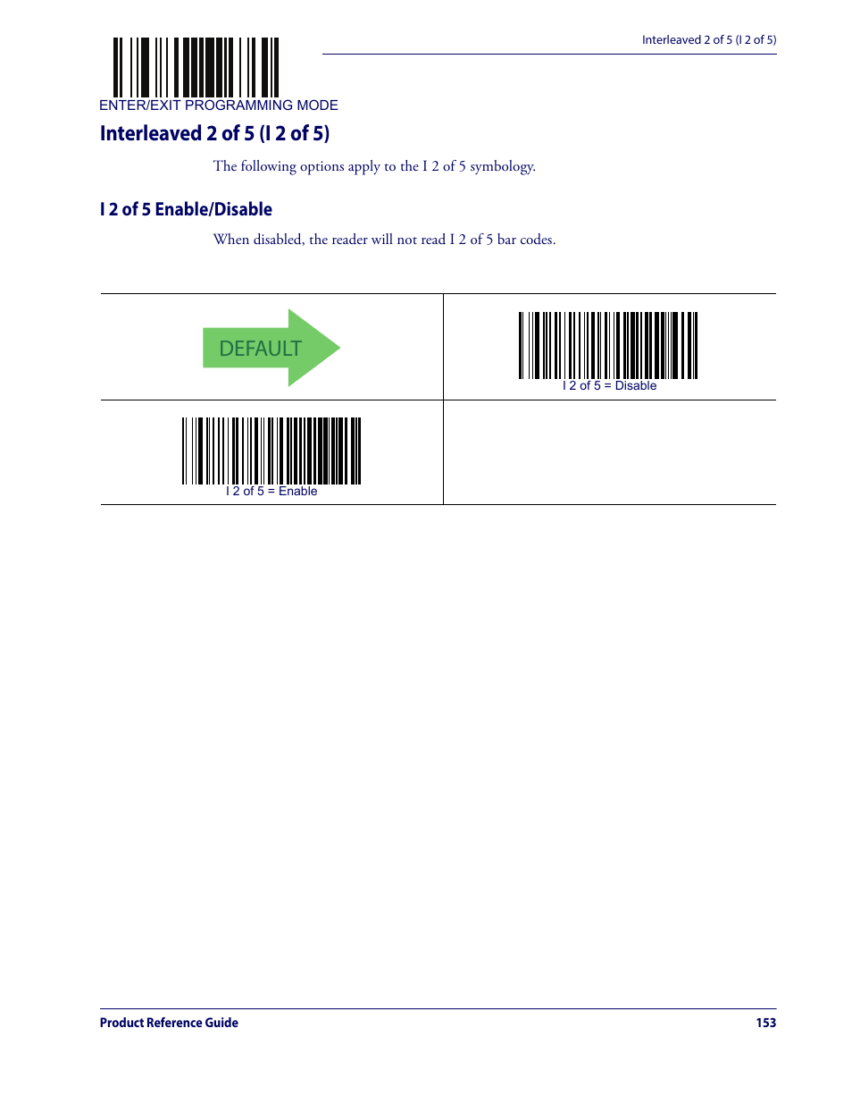 Interleaved 2 of 5 (i 2 of 5), I 2 of 5 enable/disable, Default | Datalogic QuickScan Lite QW2100 User Manual | Page 163 / 324