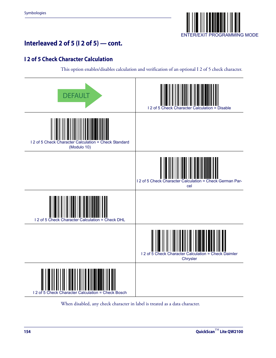 I 2 of 5 check character calculation, Default, Interleaved 2 of 5 (i 2 of 5) — cont | Datalogic QuickScan Lite QW2100 User Manual | Page 164 / 324