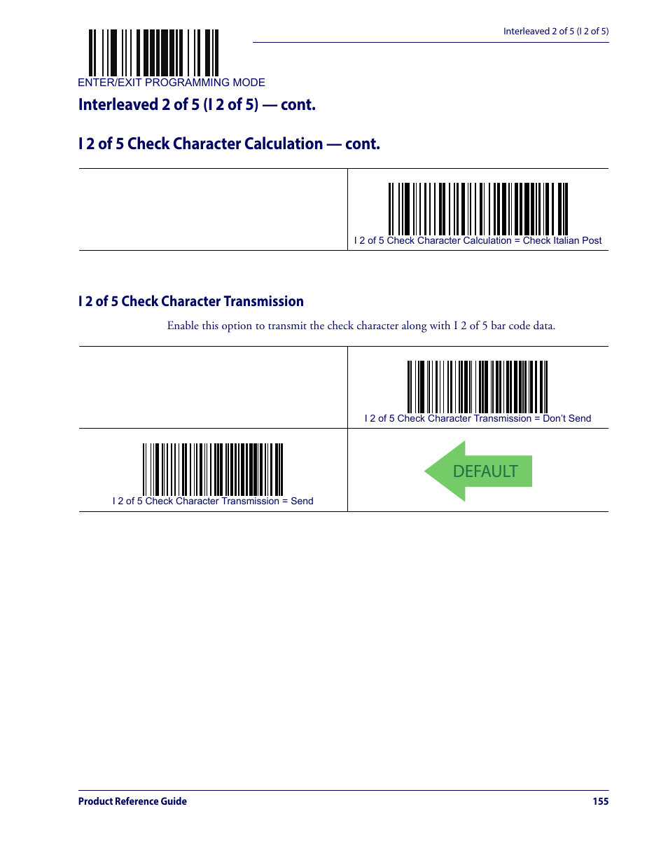 I 2 of 5 check character transmission, Default | Datalogic QuickScan Lite QW2100 User Manual | Page 165 / 324