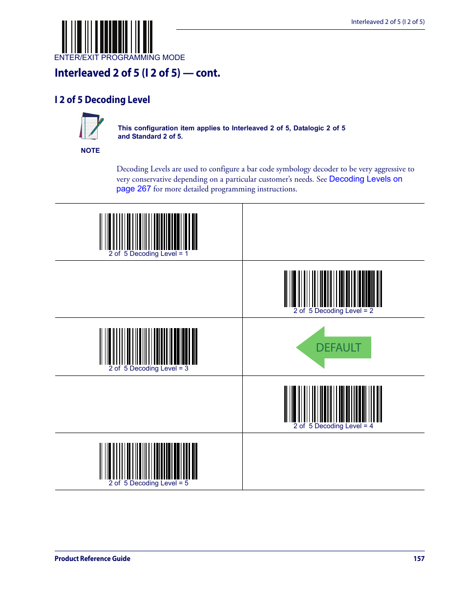 I 2 of 5 decoding level, Default, Interleaved 2 of 5 (i 2 of 5) — cont | Datalogic QuickScan Lite QW2100 User Manual | Page 167 / 324