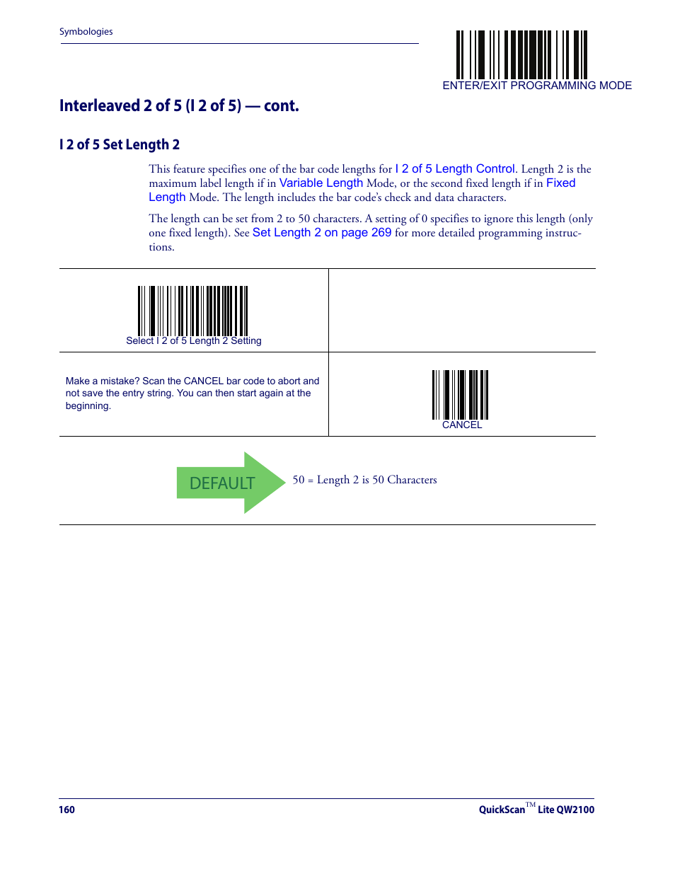 I 2 of 5 set length 2, Default, Interleaved 2 of 5 (i 2 of 5) — cont | Datalogic QuickScan Lite QW2100 User Manual | Page 170 / 324