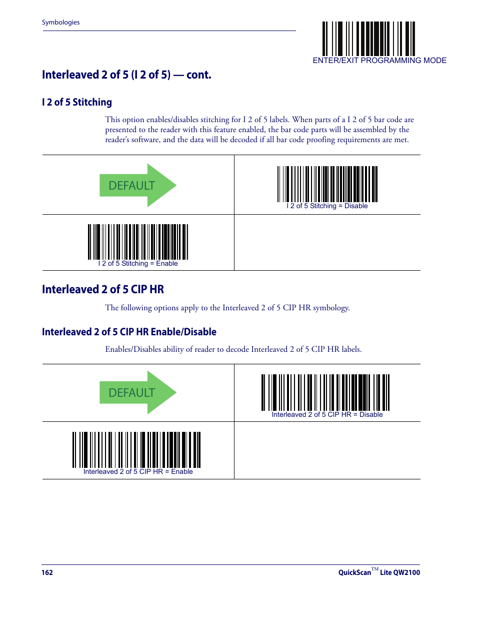 I 2 of 5 stitching, Interleaved 2 of 5 cip hr, Interleaved 2 of 5 cip hr enable/disable | Default, Interleaved 2 of 5 (i 2 of 5) — cont | Datalogic QuickScan Lite QW2100 User Manual | Page 172 / 324