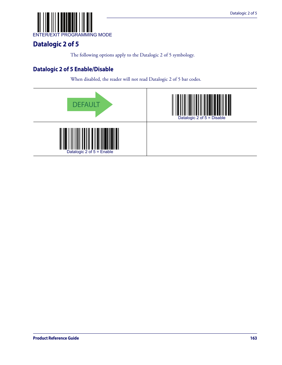 Datalogic 2 of 5, Datalogic 2 of 5 enable/disable, Default | Datalogic QuickScan Lite QW2100 User Manual | Page 173 / 324