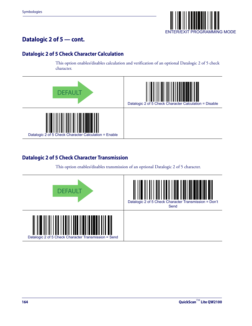 Default, Datalogic 2 of 5 — cont, Datalogic 2 of 5 check character calculation | Datalogic 2 of 5 check character transmission | Datalogic QuickScan Lite QW2100 User Manual | Page 174 / 324