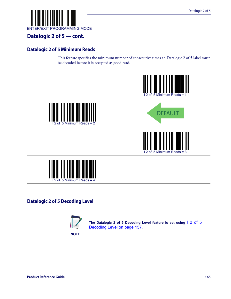 Default, Datalogic 2 of 5 — cont, Datalogic 2 of 5 minimum reads | Datalogic 2 of 5 decoding level | Datalogic QuickScan Lite QW2100 User Manual | Page 175 / 324