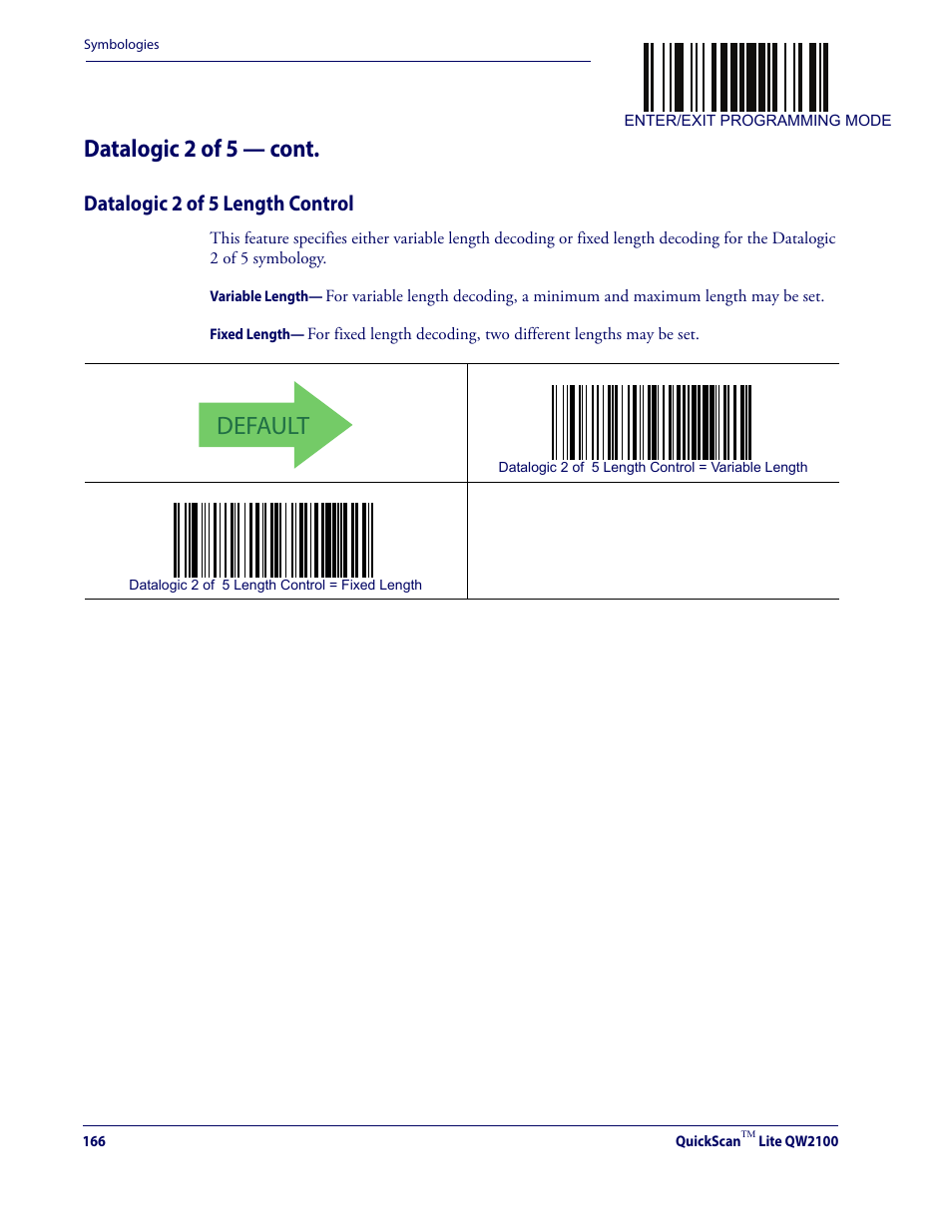 Datalogic 2 of 5 length control, Minimum label length if in, Variable length | Fixed, Length, If in, Default, Datalogic 2 of 5 — cont | Datalogic QuickScan Lite QW2100 User Manual | Page 176 / 324