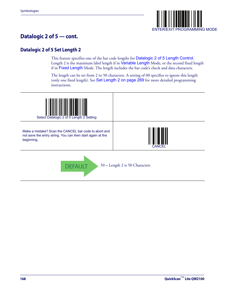 Datalogic 2 of 5 set length 2, Default, Datalogic 2 of 5 — cont | Datalogic QuickScan Lite QW2100 User Manual | Page 178 / 324