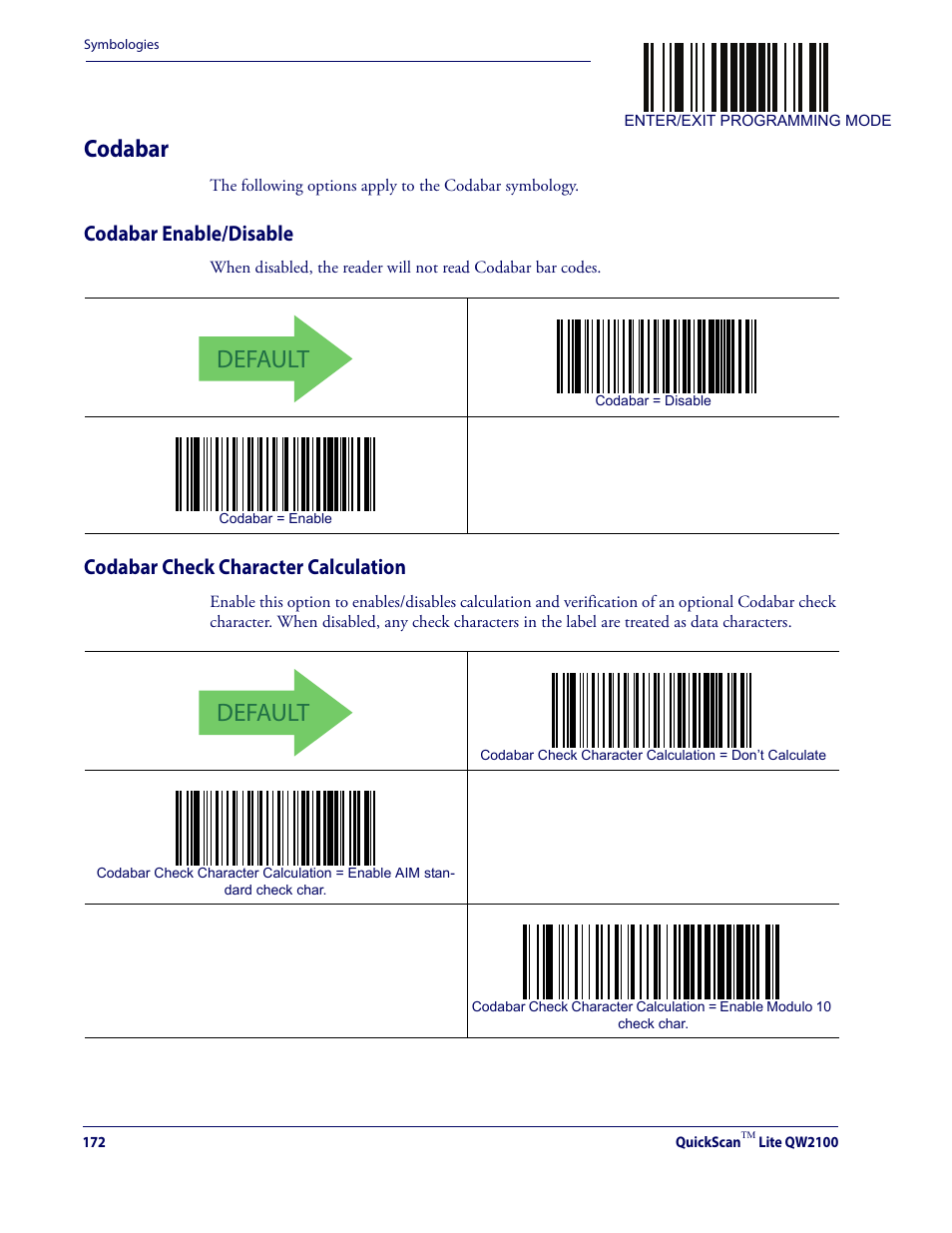 Codabar, Default, Codabar enable/disable | Codabar check character calculation | Datalogic QuickScan Lite QW2100 User Manual | Page 182 / 324