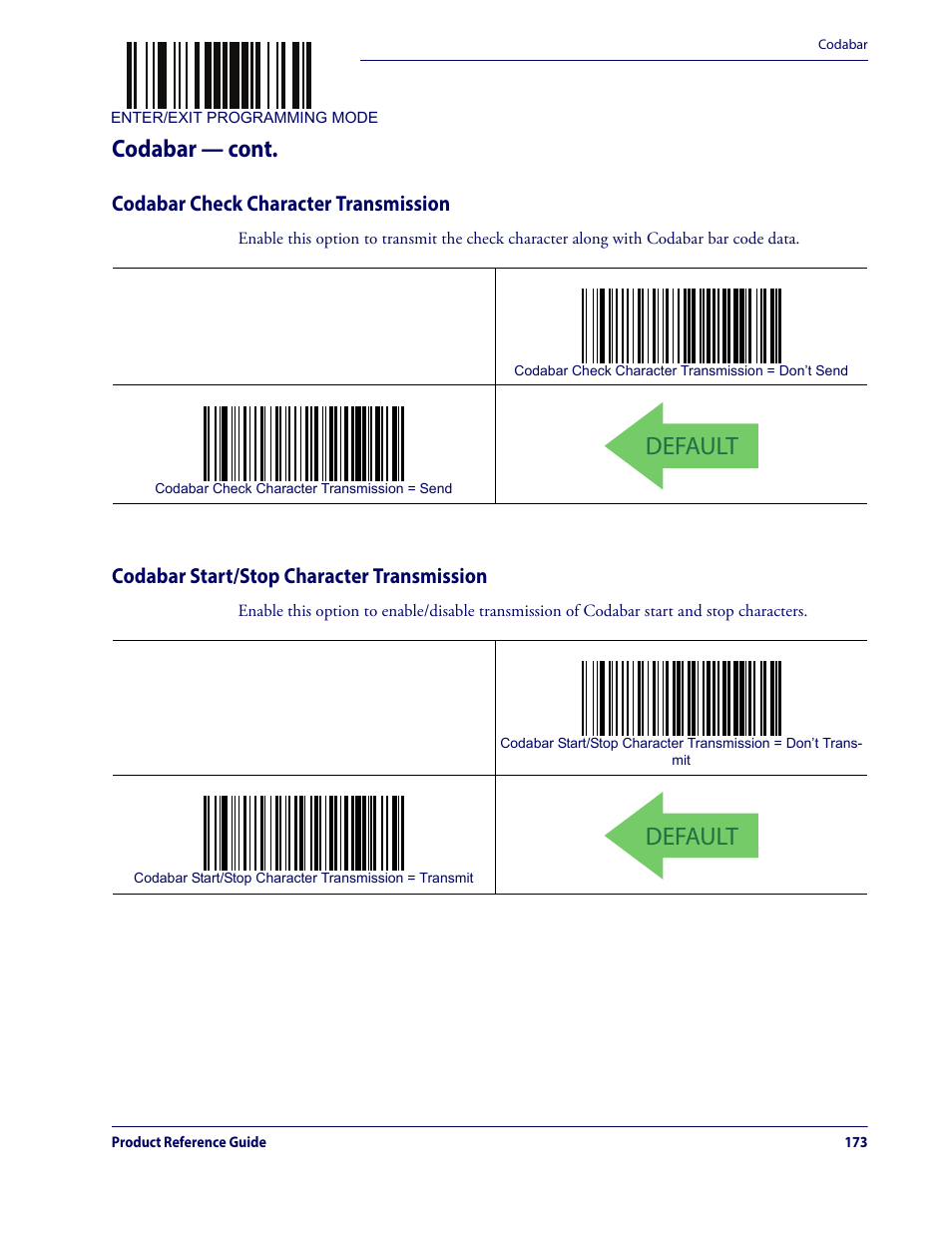 Default, Codabar — cont, Codabar check character transmission | Codabar start/stop character transmission | Datalogic QuickScan Lite QW2100 User Manual | Page 183 / 324