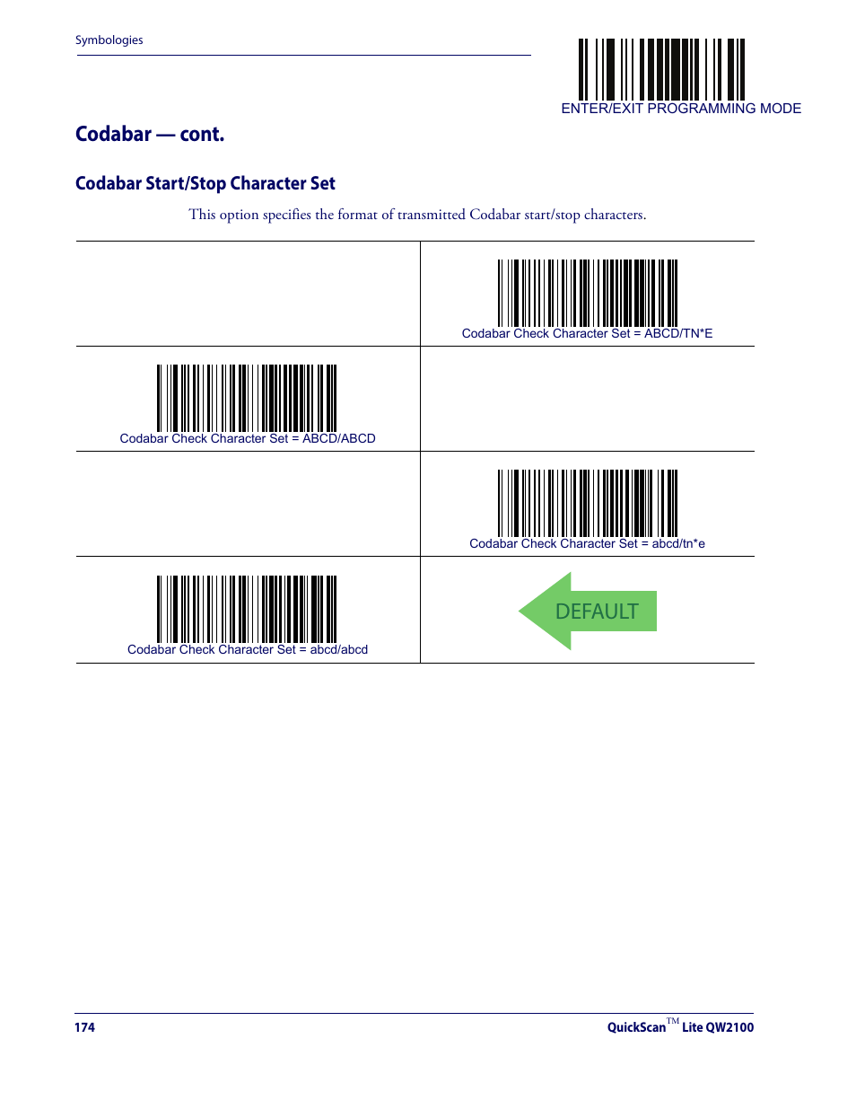 Codabar start/stop character set, Default, Codabar — cont | Datalogic QuickScan Lite QW2100 User Manual | Page 184 / 324