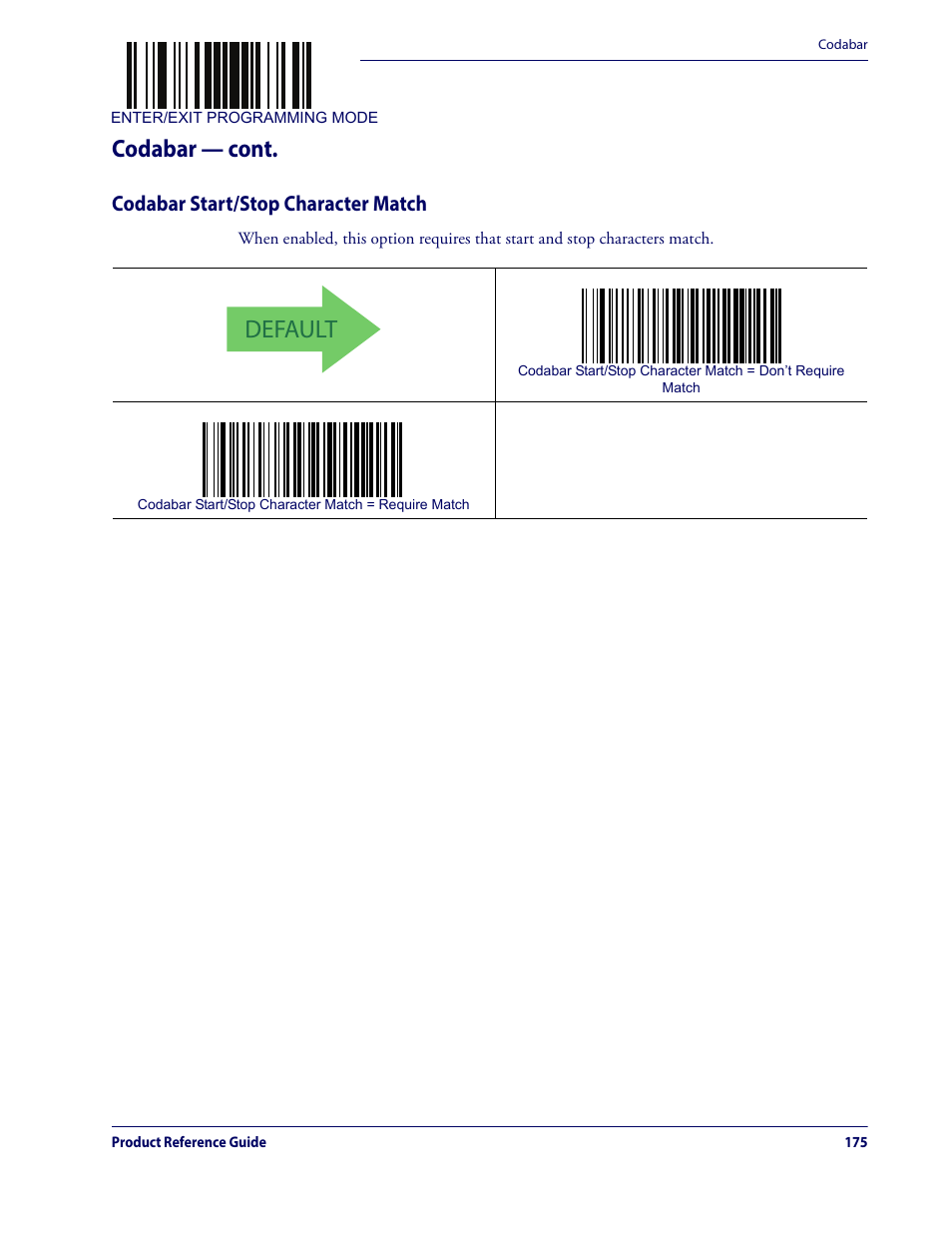 Codabar start/stop character match, Default, Codabar — cont | Datalogic QuickScan Lite QW2100 User Manual | Page 185 / 324