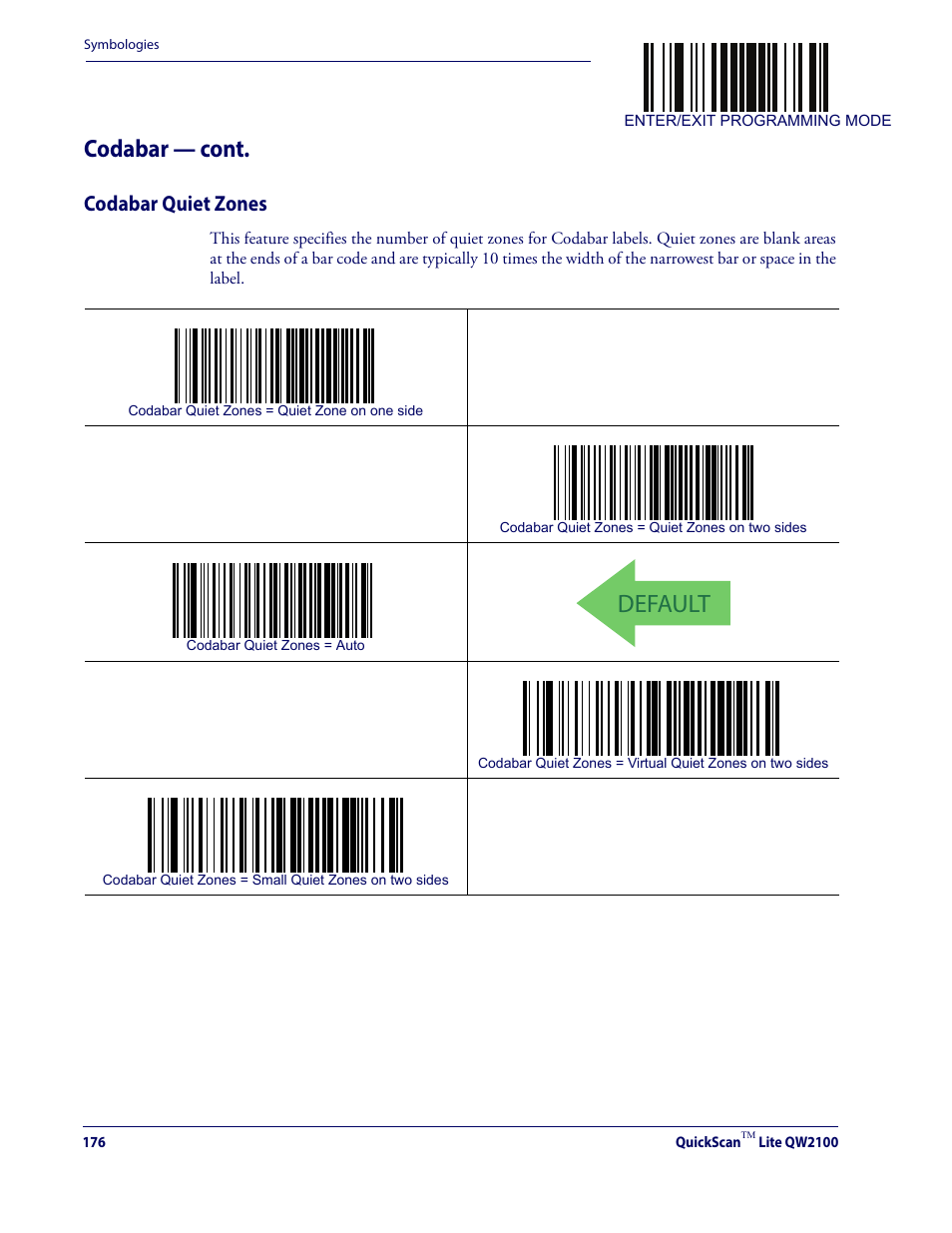 Codabar quiet zones, Default, Codabar — cont | Datalogic QuickScan Lite QW2100 User Manual | Page 186 / 324