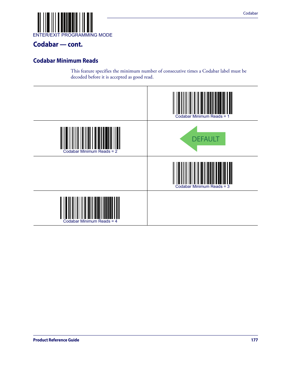 Codabar minimum reads, Default, Codabar — cont | Datalogic QuickScan Lite QW2100 User Manual | Page 187 / 324