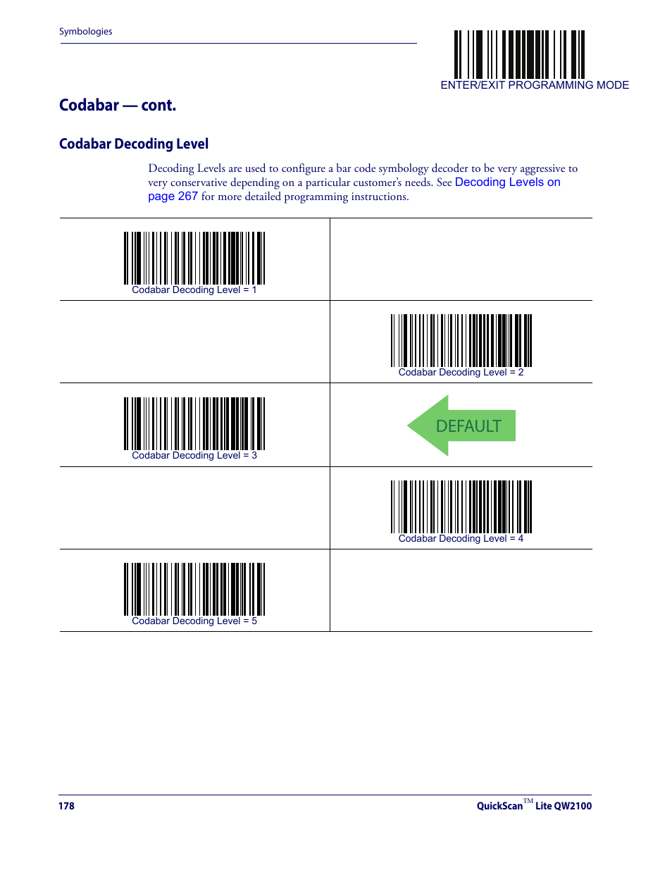 Codabar decoding level, Default, Codabar — cont | Datalogic QuickScan Lite QW2100 User Manual | Page 188 / 324