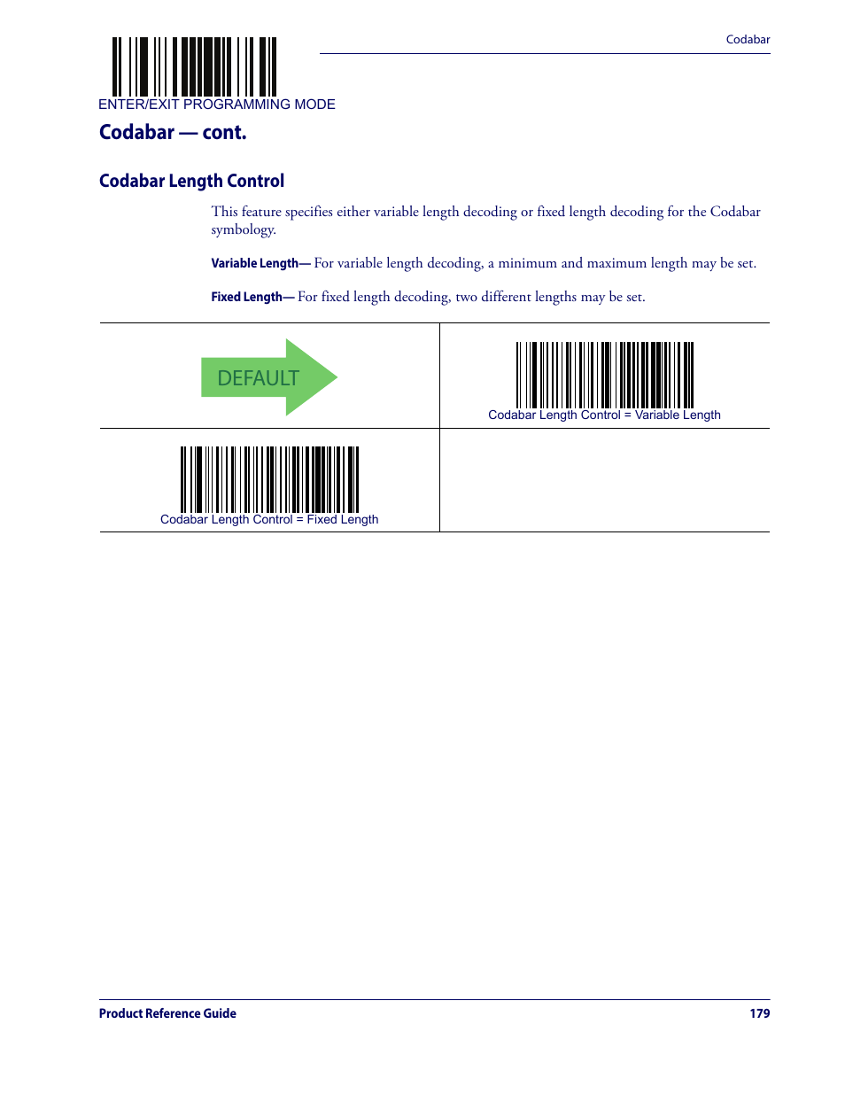 Codabar length control, Default, Codabar — cont | Datalogic QuickScan Lite QW2100 User Manual | Page 189 / 324