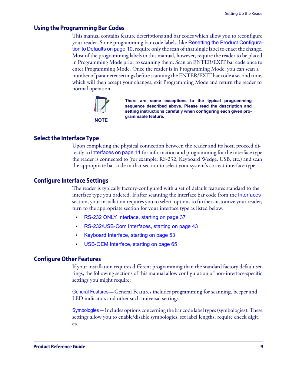 Select the interface type, Configure interface settings, Configure other features | Using the programming bar codes | Datalogic QuickScan Lite QW2100 User Manual | Page 19 / 324