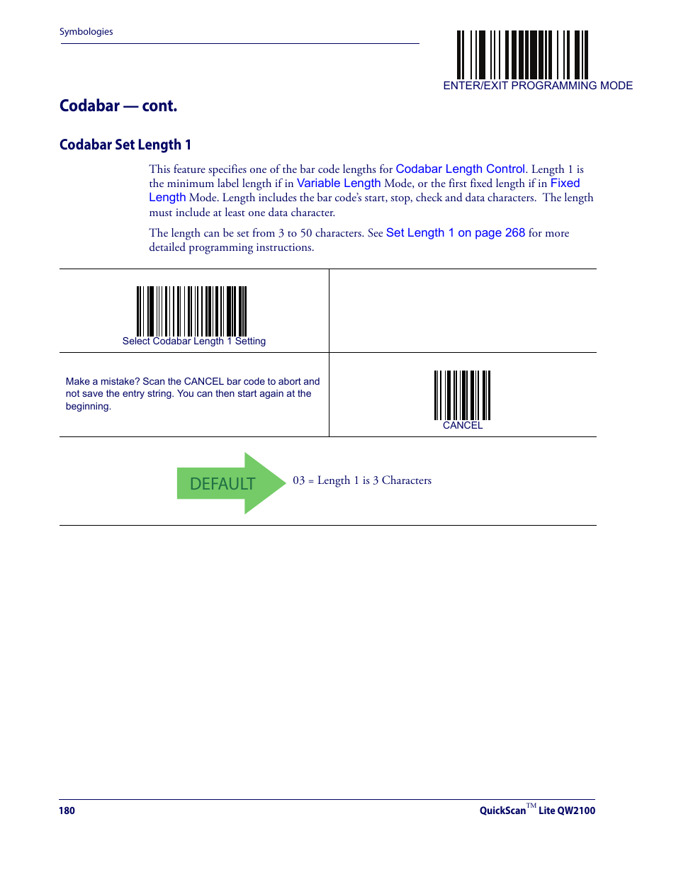 Codabar set length 1, Default, Codabar — cont | Datalogic QuickScan Lite QW2100 User Manual | Page 190 / 324