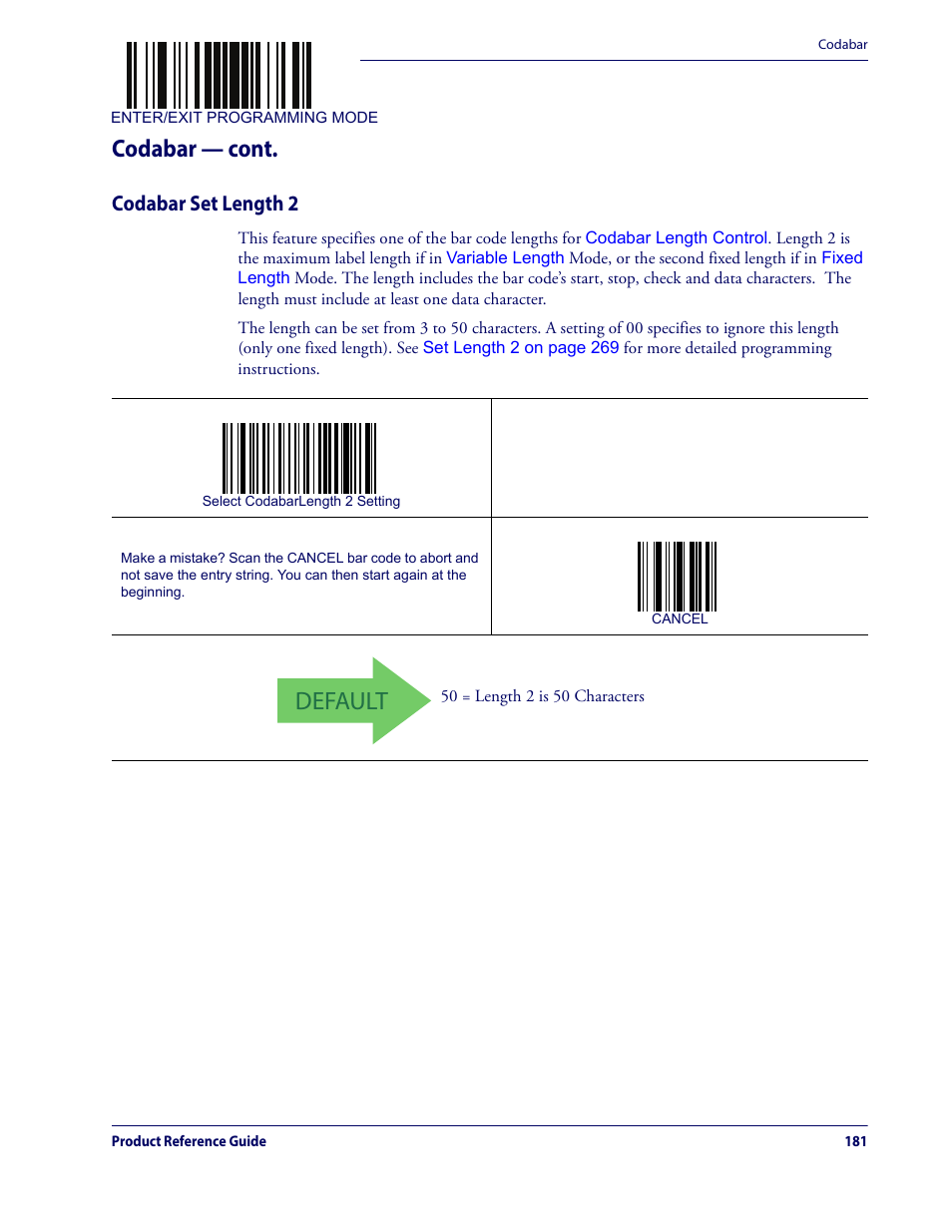 Codabar set length 2, Default, Codabar — cont | Datalogic QuickScan Lite QW2100 User Manual | Page 191 / 324