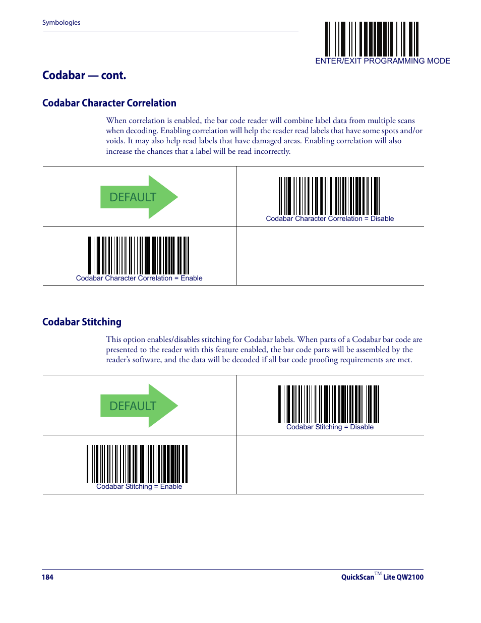 Codabar character correlation codabar stitching, Default, Codabar — cont | Codabar character correlation, Codabar stitching | Datalogic QuickScan Lite QW2100 User Manual | Page 194 / 324