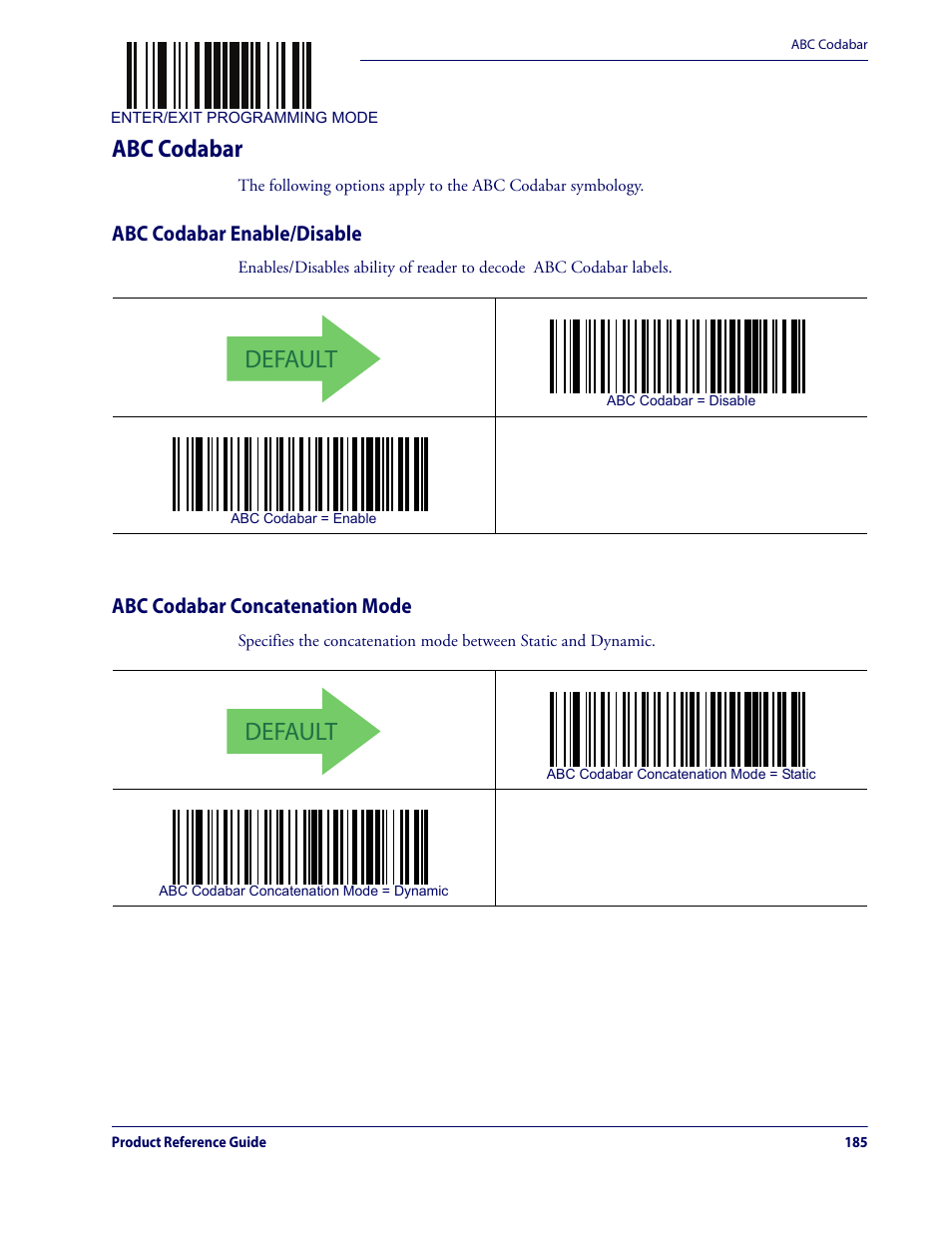 Abc codabar, Default, Abc codabar enable/disable | Abc codabar concatenation mode | Datalogic QuickScan Lite QW2100 User Manual | Page 195 / 324