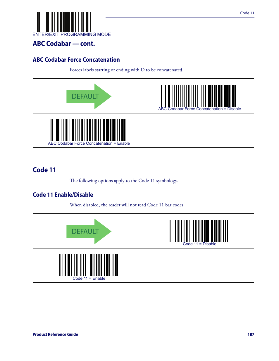 Abc codabar force concatenation, Code 11, Code 11 enable/disable | Default, Abc codabar — cont | Datalogic QuickScan Lite QW2100 User Manual | Page 197 / 324