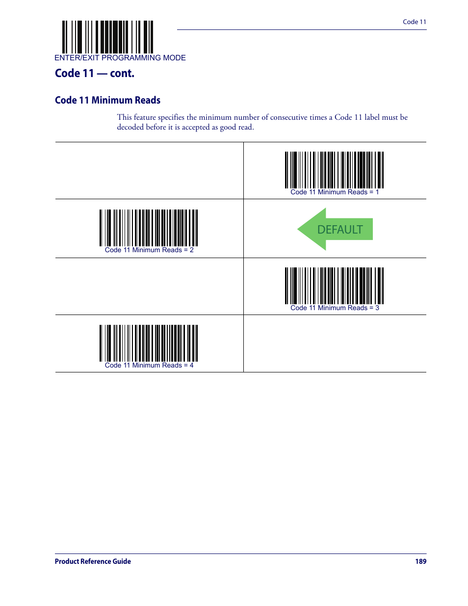 Code 11 minimum reads, Default, Code 11 — cont | Datalogic QuickScan Lite QW2100 User Manual | Page 199 / 324